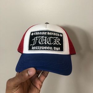 Chrome Hearts fuck Hollywood blue red trucker hat
